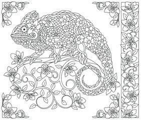 Adult coloring book page. Floral chameleon. Ethereal animal consisting of flowers and leaves