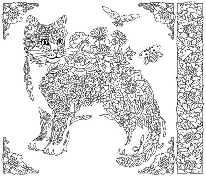 Adult coloring book page. Floral cat. Ethereal animal consisting of flowers, leaves and ladybugs