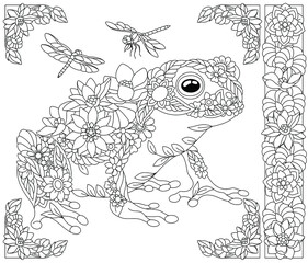 Adult coloring book page. Floral frog. Ethereal animal consisting of flowers, leaves and dragonflies