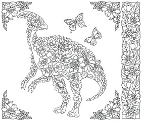 Adult coloring book page. Floral hadrosaurus dinosaur. Ethereal animal consisting of flowers, leaves and butterflies
