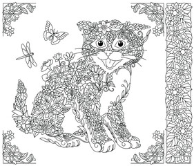 Adult coloring book page. Floral kitten. Ethereal animal consisting of flowers, leaves and insects