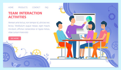Team interaction activities concept. Boss giving presentation to employees. People sitting by table brainstorming, meeting and teambuilding. Website or webpage template, landing page flat style