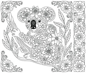 Adult coloring book page. Floral koala bear. Ethereal animal consisting of flowers and leaves