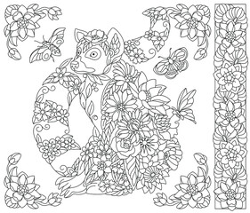 Adult coloring book page. Floral lemur. Ethereal animal consisting of flowers, leaves and butterflies