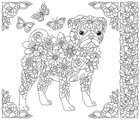 Adult coloring book page. Floral pug dog. Ethereal animal consisting of flowers, leaves and butterflies