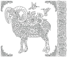 Adult coloring book page. Floral ram or goat. Ethereal animal consisting of flowers, leaves and hummingbirds