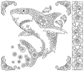 Adult coloring book page. Floral shark. Ethereal animal consisting of flowers, leaves and fishes