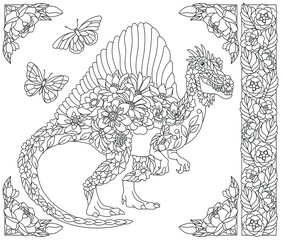 Adult coloring book page. Floral spinosaurus dinosaur. Ethereal animal consisting of flowers, leaves and butterflies