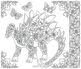 Adult coloring book page. Floral stegosaurus dinosaur. Ethereal animal consisting of flowers, leaves and butterflies