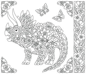 Adult coloring book page. Floral triceratops dinosaur. Ethereal animal consisting of flowers, leaves and butterflies