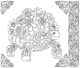 Adult coloring book page. Floral turtle. Ethereal animal consisting of flowers and leaves