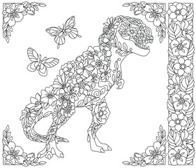 Adult coloring book page. Floral tyrannosaurus rex dinosaur. Ethereal animal consisting of flowers, leaves and butterflies