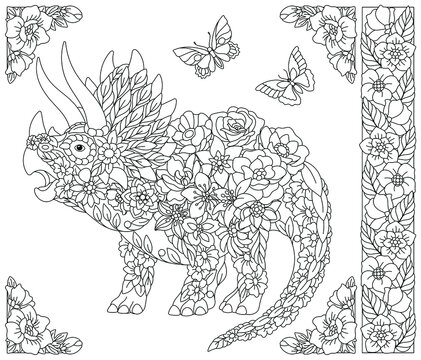 Adult coloring book page. Floral triceratops dinosaur. Ethereal animal consisting of flowers, leaves and butterflies