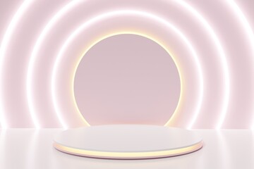 3d render of beautiful white and pink podium with led lights and circular lit frame on a pink background