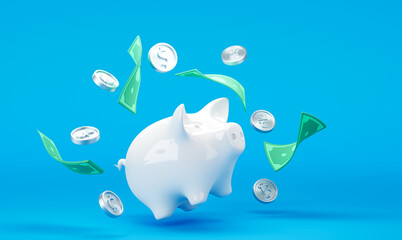 White piggy bank with falling dollar bills and coins on blue background