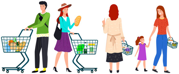 People with shopping carts full of groceries in store. Characters with food carts make purchases, buy goods in supermarket. Shoppers, customers with grocery trolleys shopping in modern store