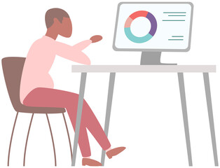 Businessman entrepreneur sitting with computer at office desk vector illustration. Man works with business technologies at workplace. Male character works in management, entrepreneurship