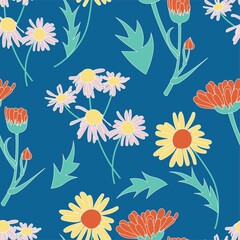 Fototapeta na wymiar Field flowers. Chamomile and calendula. Pattern on a dark blue background.