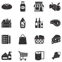 Grocery Shopping Icons. Black Scribble Design. Vector Illustration.