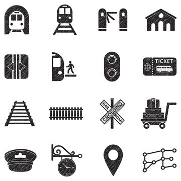 Railway Icons. Black Scribble Design. Vector Illustration.