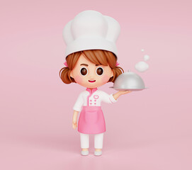 Cute chef girl in uniform holding Restaurant cloche food Tray Platter Plate to serve restaurant mascot character logo on pink background 3d illustration cartoon