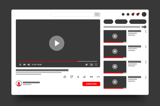 Youtube video frame template vector set. Isolated Youtube screen frame on background. Empty video, channel picture. Youtube video player layout. Realistic mockup design