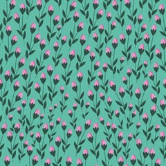 Seamless vintage pattern. small pink flowers, green leaves. Turquoise background. vector texture. fashionable print for textiles, wallpaper and packaging.