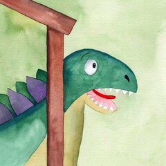 Green dinosaur on the stair. Cartoon tyrannosaur. Watercolor illustrationon green background