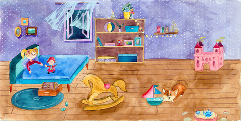 Calm little cute girl is sleeping in bed and playing with her toys: pirate, wooden horse, castle. Beautiful child is peacefully dreaming in her cute bedroom. Watercolor illustration