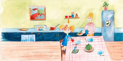Cheerful mom and daughter cook together at home in the kitchen. The concept of happy motherhood and joint activities with children