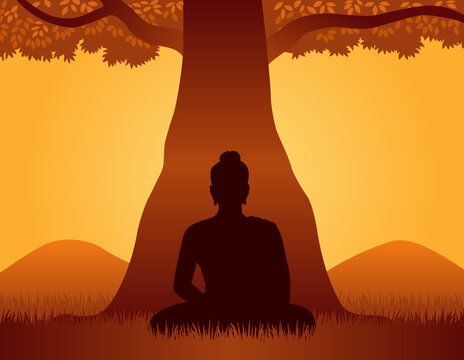 Silhouette of Siddhartha Gautama sitting under Bodhi Tree, Enlightenment of Buddha. Vector Illustration