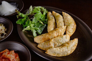 Korean Grilled BBQ combo sets with fried dumplings with salad on the dark plate and black table vibe background, and pickle dishes