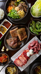 Top view Korean Grilled BBQ combo with wagyu and marinated beef set on the traditional grill table, with lettuce, dipping sauce, rice and pickle dishes