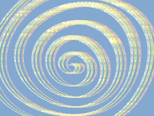 Illustration, white, yellow i orange ornamental swirl on baby blue background