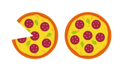 Whole pizza with salami toppings. Fast Food Illustration