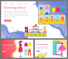 Shopping, internet clothes shop banner. Sale and consumerism, selling clothes via Internet concept. Set of clothing store websites, boutique design template. Wardrobe items, garments in online store