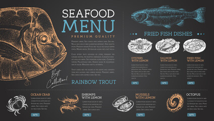 Fototapeta Chalk drawing seafood restaurant menu design with hand drawing fish. Vector illustration obraz