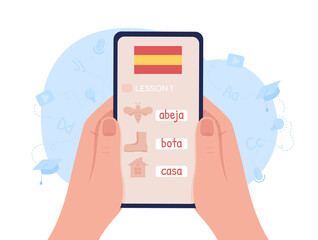 Studying Spanish language online 2D vector isolated illustration. Flat first view hand on cartoon background. Education app colourful scene for mobile, website. Patrick Hand, Comfortaa fonts used