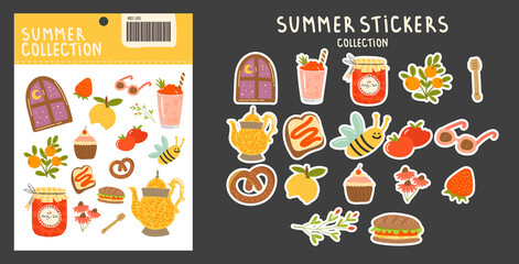 Collection of stickers on the theme of summer. various fruits, berries, a cup, a drink, a bee, a sandwich and other bright elements on an isolated background and a set of stickers