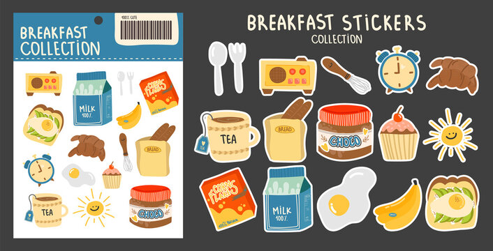Collection of stickers on the theme of breakfast. various fruits, berries, cheese, milk, scrambled eggs, banana, alarm clock, corn flakes, radio, sandwich and other bright elements on an isolated