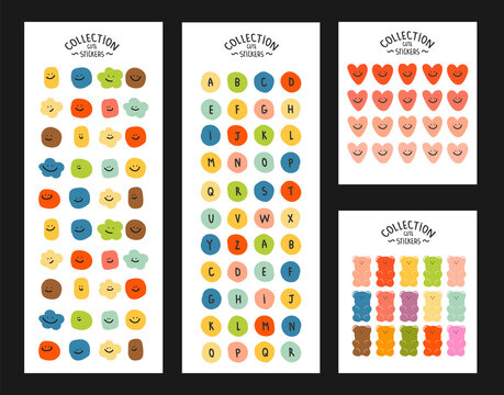 Collection of bright trendy minimalist stickers with emojis, letters and gummy bears. baby set of cute stickers, bright elements on an isolated background and stickerpack