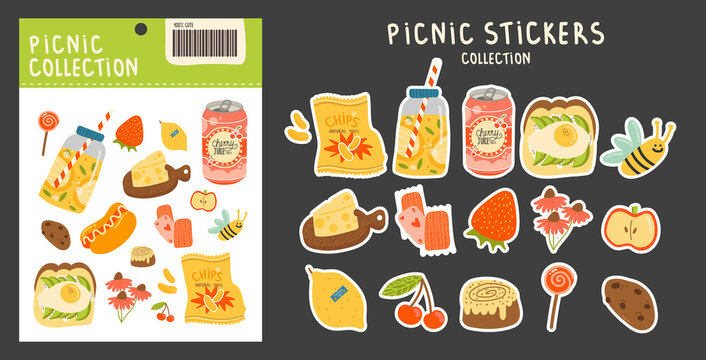 Collection of stickers on a picnic theme. various fruits, berries, cheese, carbonated drink, chips, playing cards, bee, sandwich and other bright elements on an isolated background and a stickerpack