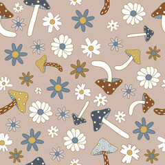 Funny seamless pattern with mushrooms and flowers. Retro style print. Vector hand drawn illustration.