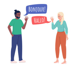 Language learning friends semi flat color vector characters. Standing figures. Conversation exchange imple cartoon style illustration for web graphic design and animation. Amatic SC font used