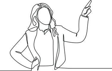 Continuous one line drawing business woman presenting hand style in a meeting. Single line draw design vector graphic illustration.