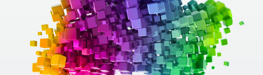 Flowing cubes of colors. Movement and creativity concept. Cluster of multiple colorful cubes in cluster formation on white background.  Shallow depth of field. 3D illustration, 3D rendering.