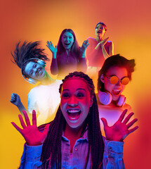 Wow. Collage of portraits of young excited people on multicolored background in neon. Concept of human emotions, facial expression, sales.