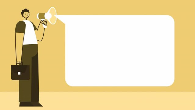 Yellow Style Man with Briefcase Flat Character Speaking into Loudspeaker with Speech Bubble. Isolated Animation