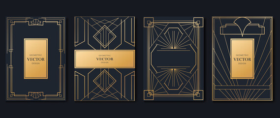 Luxury geometric pattern cover template. Set of art deco poster design with golden line, ornament, shapes, borders. Elegant graphic design perfect for banner, background, wallpaper, invitation.
