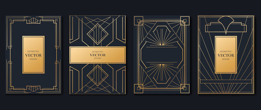 Naklejki Luxury geometric pattern cover template. Set of art deco poster design with golden line, ornament, shapes, borders. Elegant graphic design perfect for banner, background, wallpaper, invitation.